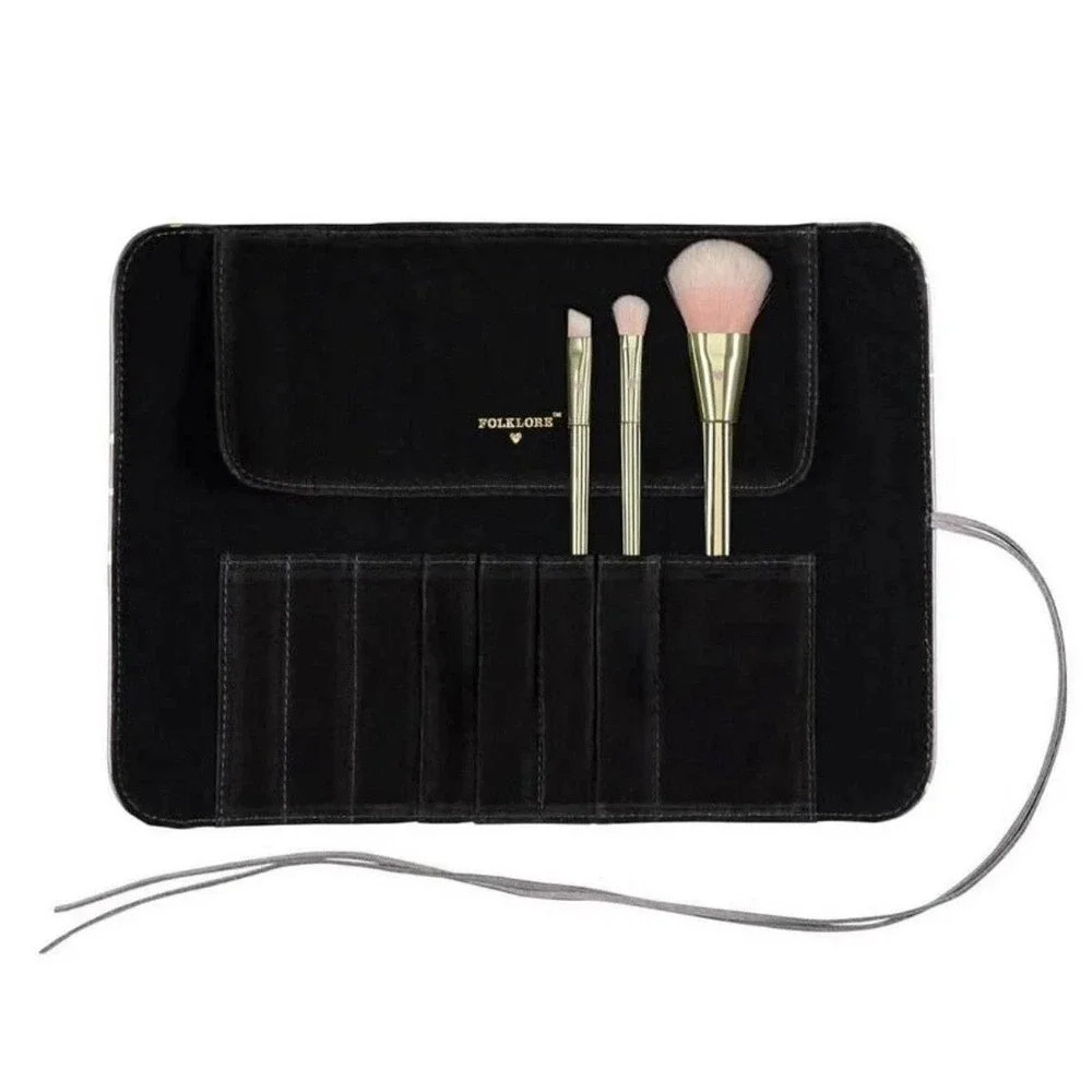 Folklore Makeup Brush Roll 4pc Gold Brushes Set NIB Gift Beauty Cosmetics Travel